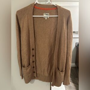 TNA Camel (Tan) Cashmere/Angora Blend V Neck Buttoned Cardigan with Pockets. M